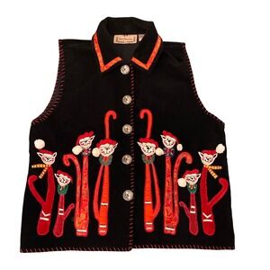 New Directions Black Velour Vest Christmas Cats Applique Embellished M 1980s VTG